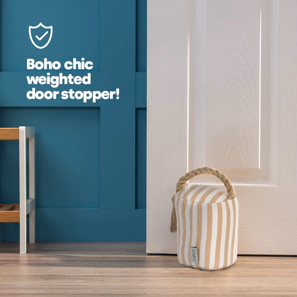 LIVIVO Weighted Door Stopper with Boho Chic Striped Design and Hemp Handle in Brown and Beige, 1.5kg – 2