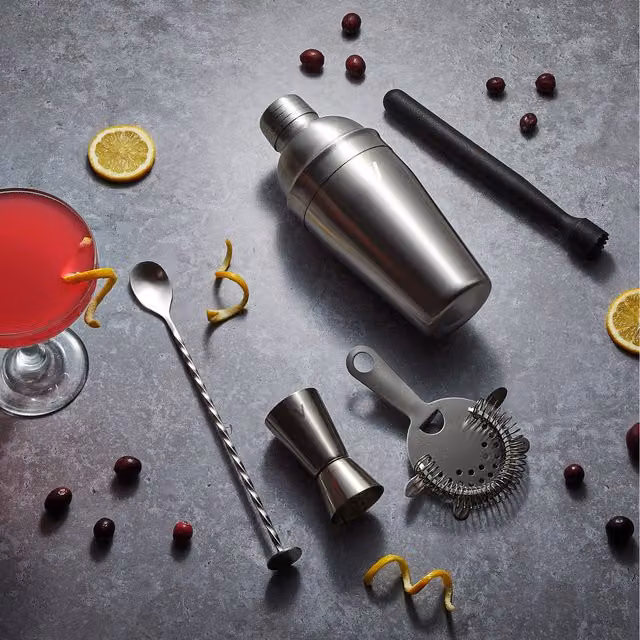 VonShef 5 Piece Stainless Steel Manhattan Cocktail Shaker Set with Accessories, Silver