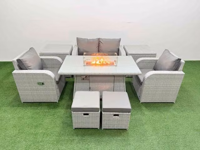 Fimous 6 Seater Light Grey PE Wicker Rattan Garden Furniture Set with Firepit Dining Table, 2 Reclining Chairs, 2 Small Stools and 2 Side Tables