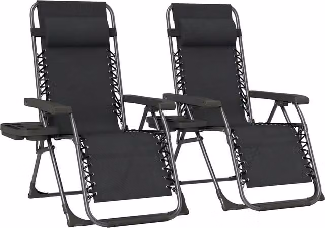 Outsunny Set of 2 Black Zero Gravity Folding Sunloungers with Adjustable Headrest and Cup Holders