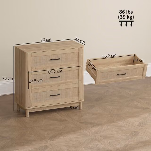 HOMCOM Boho Style 3 Drawer Chest of Drawers in Oak and Rattan Wood