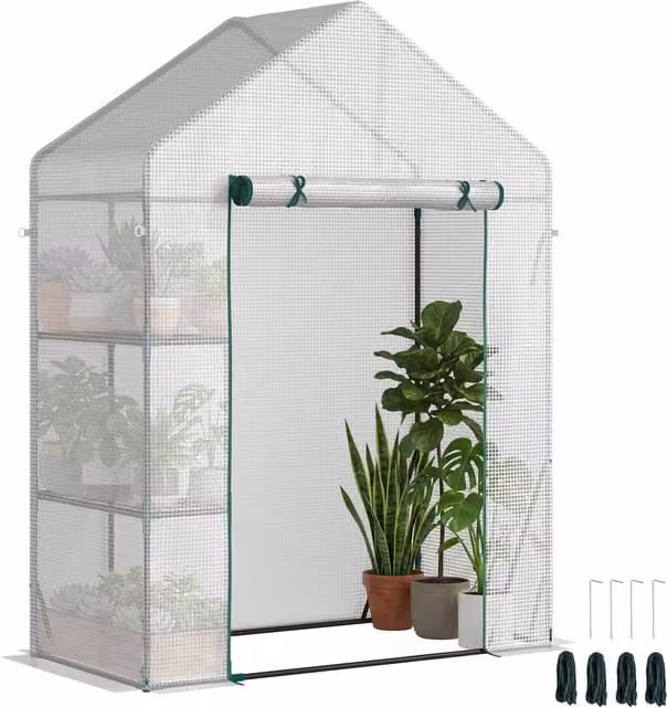Outsunny Portable Green House for Outdoor Gardening with 2 Tier Shelving and Roll-Up Zippered Door, Green, W/D/H: 143 x 73 x 195 cm