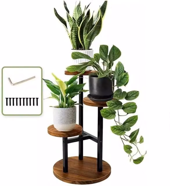 PAWNORA 3 Tier Metal and Wooden Plant Display Stand in Brown, W: 100 cm, D: 15 cm, H: 15 cm – 1