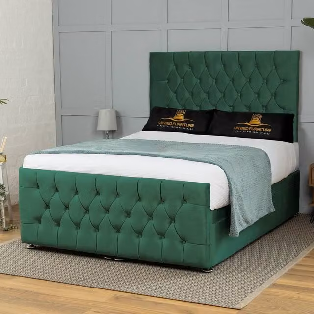 UK Bed Furniture Winchester End Lift Divan Ottoman Bed with 54 Inch Headboard in Green Velvet, W/D/H: 180 x 200 cm