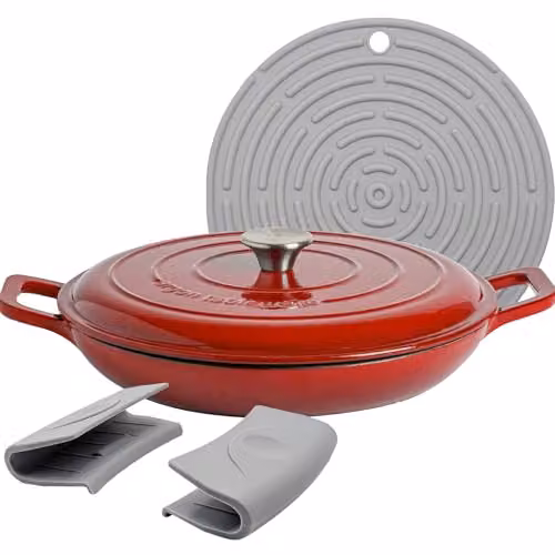 Argon Tableware Enamelled Cast Iron Shallow Casserole Dish with Self-Basting Lid, 2.3 l, Red