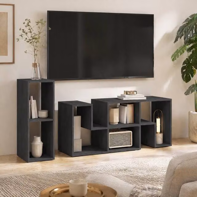 STILVORA Extendable Modern Black TV Stand with 6 Media Compartments