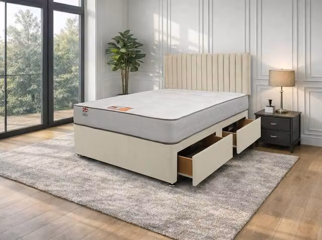 Knight Sleep Emily Naples Bed Set with Hybrid Mattress and 2 Drawers in Cream, W/D/H: 90 x 190 x 61 cm