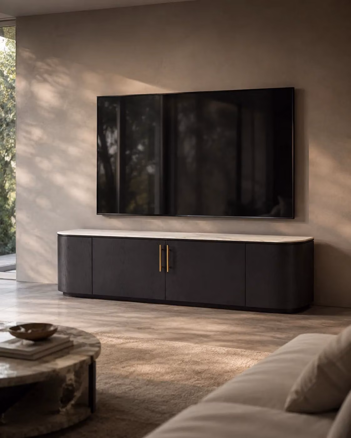 Tommy Franks Modern Oakura TV Unit in Black and White with Wood and Ceramic Finish, W/D/H: 200 x 52 x 42 cm