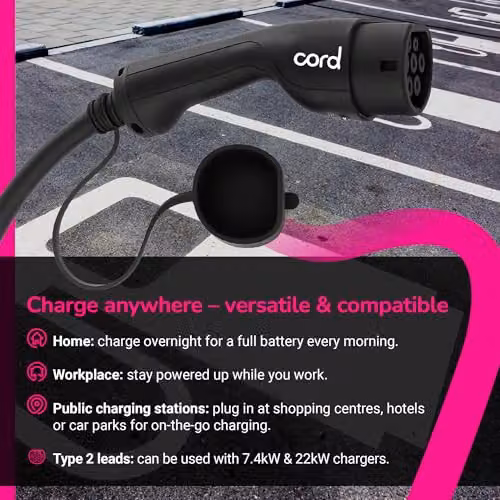 Cord Type 2 to Type 2 EV Charging Cable, 32amp, 7.4kW, 10 Metre, Single Phase, Black & White – 3