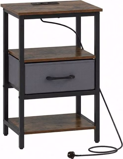 FORGEVIO Industrial Bedroom End Table with Charging Station in Brown – 1