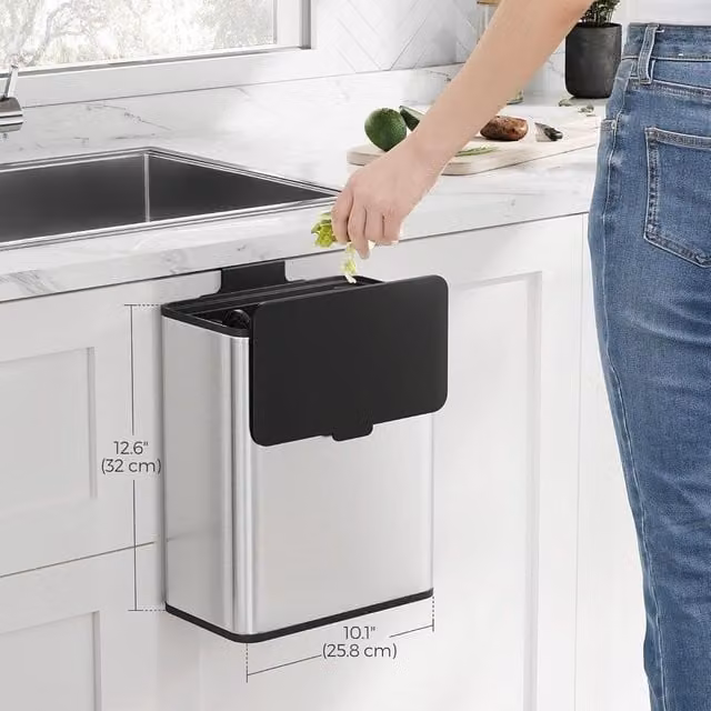 SONGMICS Small Hanging Kitchen Waste Bin with Flip Lid and Removable Inner Bucket, Silver Steel – 1