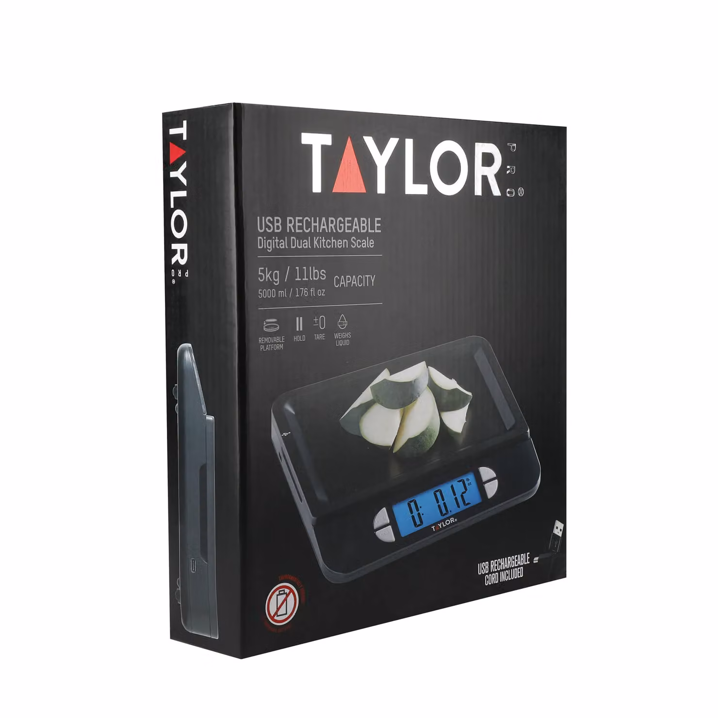Taylor Pro Accurate USB Rechargeable Stainless Steel Kitchen Scales with Tare Function in Black and Silver – 6