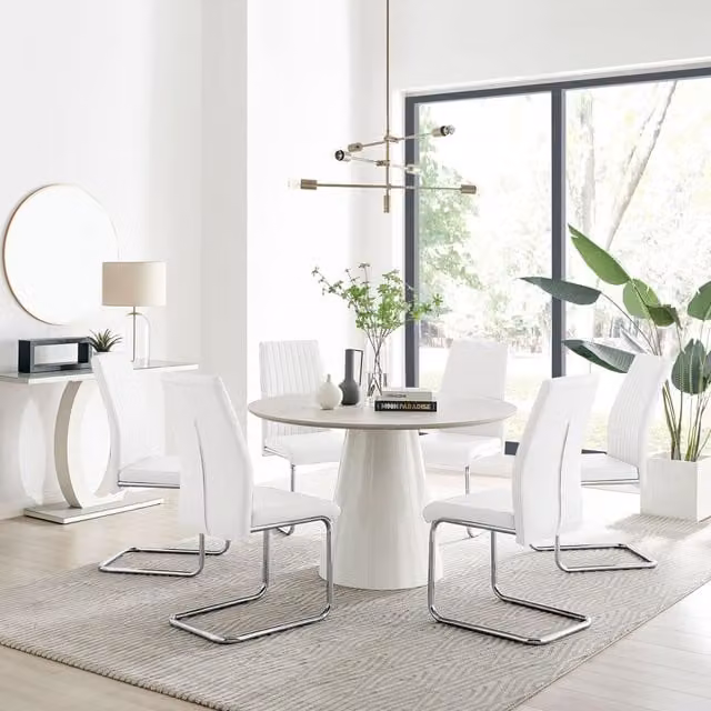 FurnitureboxUK Palma Beige Stone Effect Round Dining Table and 6 Lorenzo Chairs in White