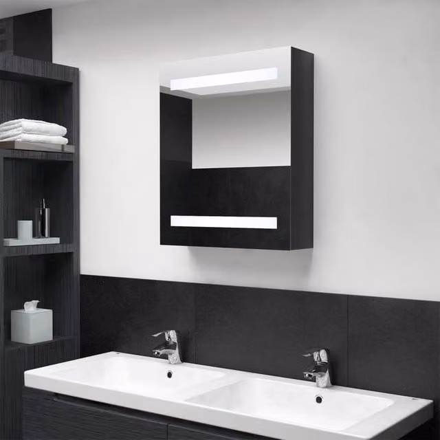 Berkfield Home LED Bathroom Mirror Cabinet in Shining Black, W: 50 cm, D: 14 cm, H: 60 cm – 1