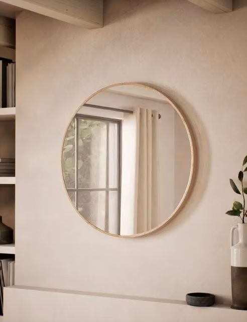 M&S Round Minimalist Wood and Metal Wall Mirror in Brown