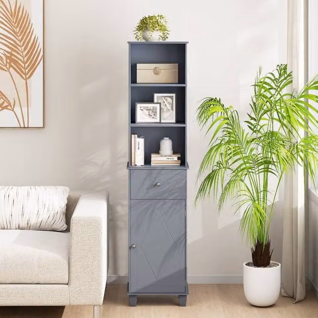 Costway Grey Narrow Freestanding Bathroom Cabinet with 3 Shelves and Drawer, Height: 172 cm