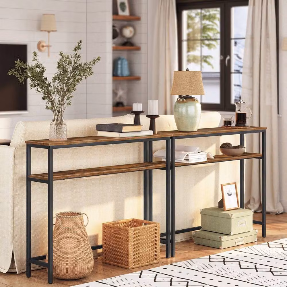 FORGEVIO Console Hallway Table with Adjustable Shelf, Brown, W/D/H: 100 x 24 x 80 cm – 4