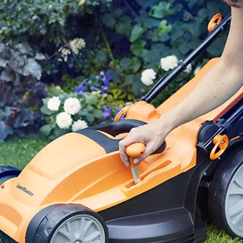 LawnMaster 1800W 40cm Electric Lawnmower with Rear Roller and 350W 2-in-1 Grass Trimmer and Edger Set in Orange – 6