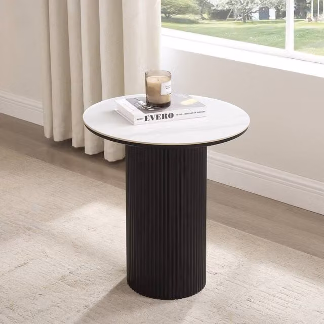 Home Detail Oscar Round Sintered Stone Japandi Side Table with Black Base in Multicolour – 1