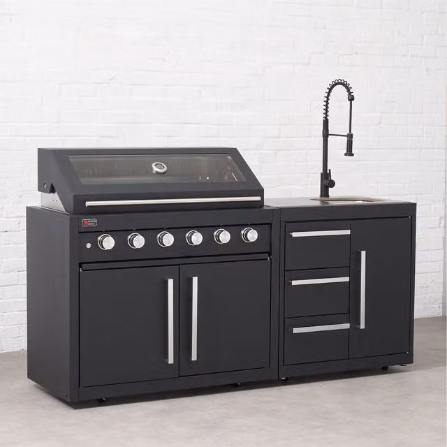 Draco Grills Fusion 6 Burner Gas Outdoor Kitchen with Modular Sink in Slate Black