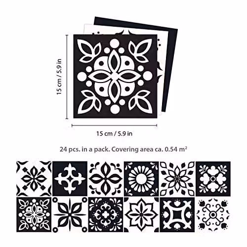 WALPLUS Marjorelle Moroccan Tile Stickers, Black and White Geometric Peel and Stick Self Adhesive Wall Decals, 24 x 15 x 15 cm – 4