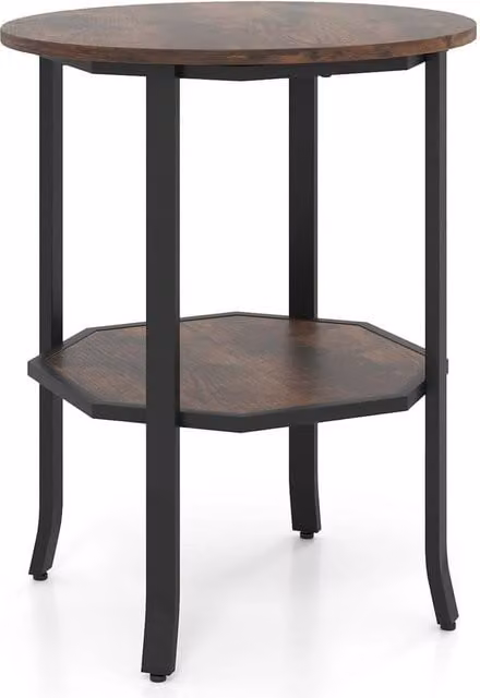 FORGEVIO Round 2-Tier Industrial Side Table with Storage Shelf, Brown – 1