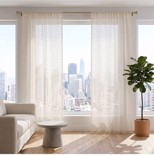 Living and Home Semi-sheer Lace Curtains with Tassels, 2 Panels, Beige, Width: 100 cm, Height: 210 cm – 1