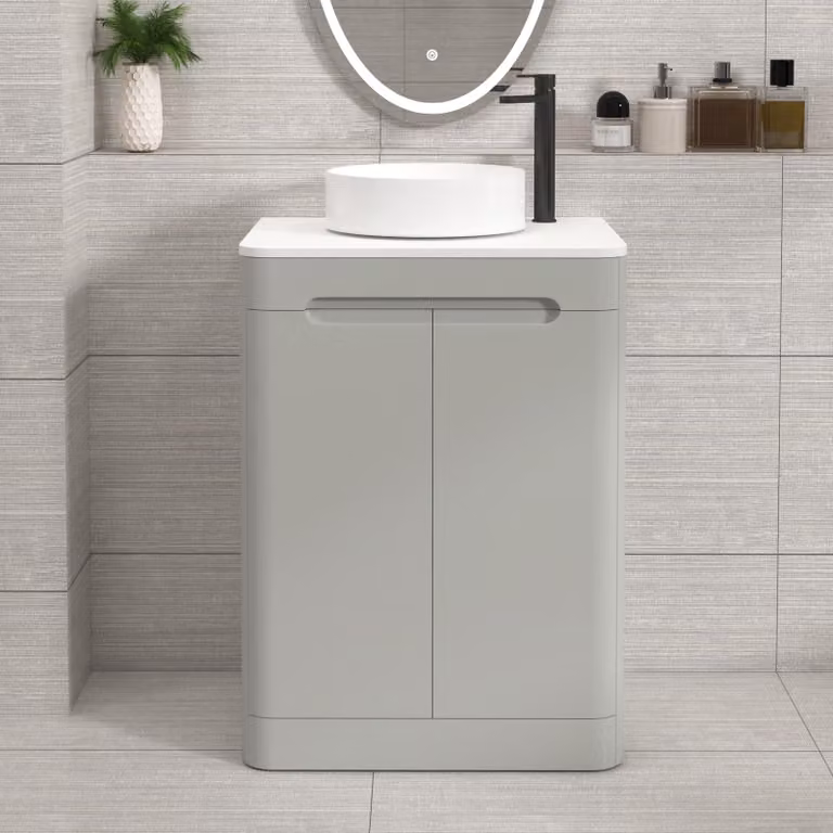 Royal Bathrooms Venice 600mm Floor Standing 2 Door Vanity Unit in Dove Grey with Plain White Worktop and Art Basin