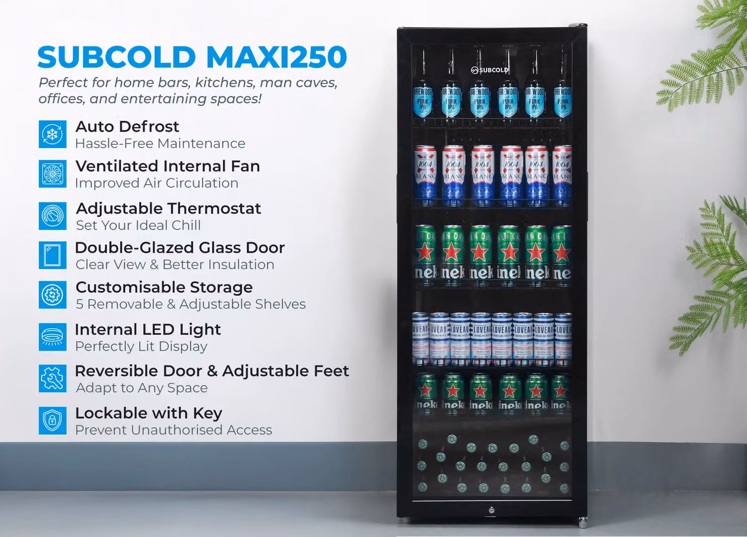 Subcold MAXI250LED Tall Drinks Fridge with Glass Door, 237L Capacity, Lockable and Reversible, Black or Silver – 7