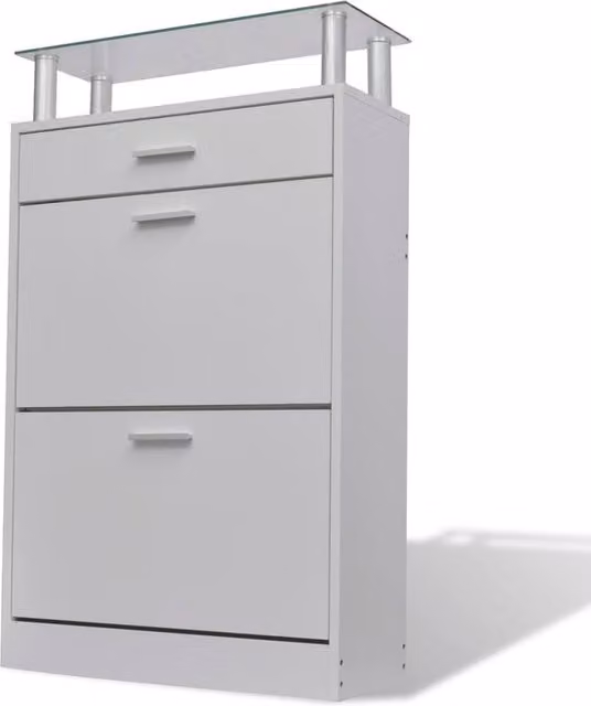 Berkfield Home Modern White Wood Shoe Cabinet with Drawer and Glass Top Shelf