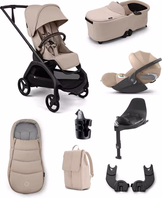 Bugaboo Dragonfly Plus Ultimate Pushchair Bundle with Cybex Cloud T Plus i-Size Rotating Baby Car Seat and Base, 8 Pieces, Desert Taupe
