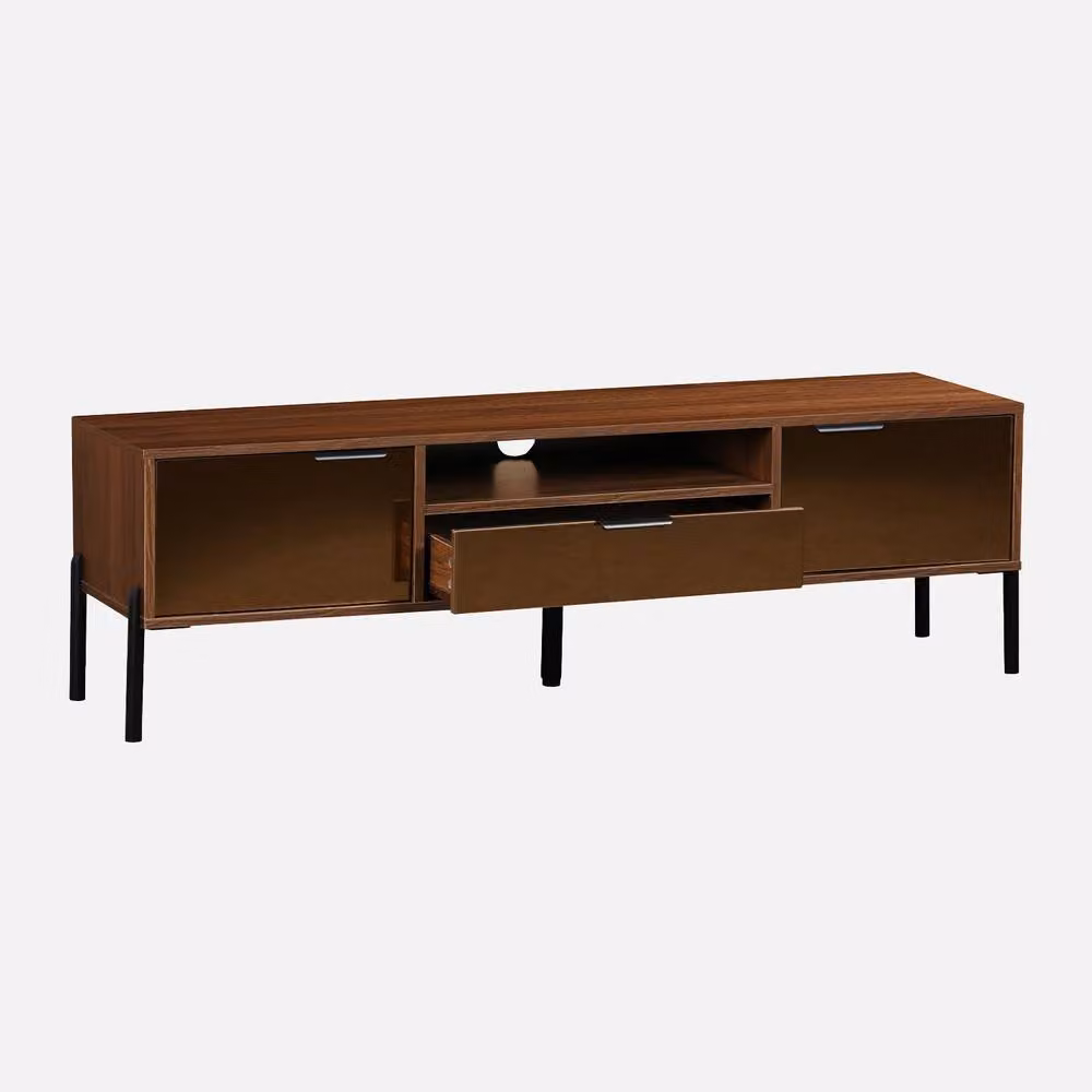 Sweekeek Vintage TV Unit in Dark Brown Walnut Wooden Effect with 2 Doors and 1 Drawer, W: 151.5 cm, H: 44.7 cm, D: 38.0 cm – 2