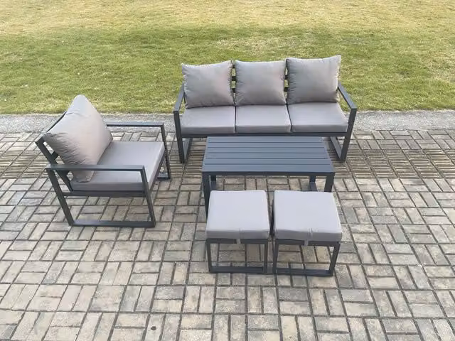 Fimous Aluminium Outdoor Garden Furniture Set in Dark Grey with Oblong Coffee Table, Armchair and Two Footstools