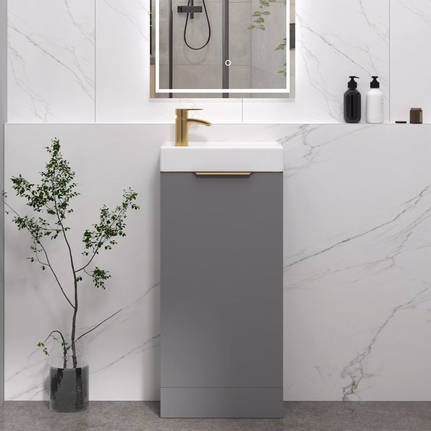 Royal Bathrooms Como 400mm Floor Standing Cloakroom Vanity Unit Basin with 1 Door in Indigo Grey Gloss and Brushed Brass Handle