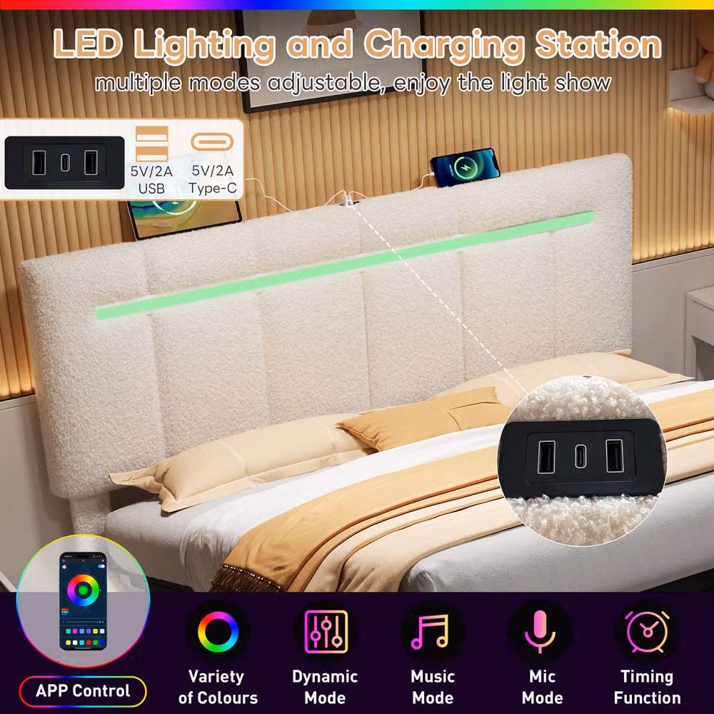 Rolipo King Size Boucle Upholstered Bed Frame with Hydraulic Storage, LED Lighting and USB Charging Ports in Beige, W/D/H: 180 x 200 cm – 3