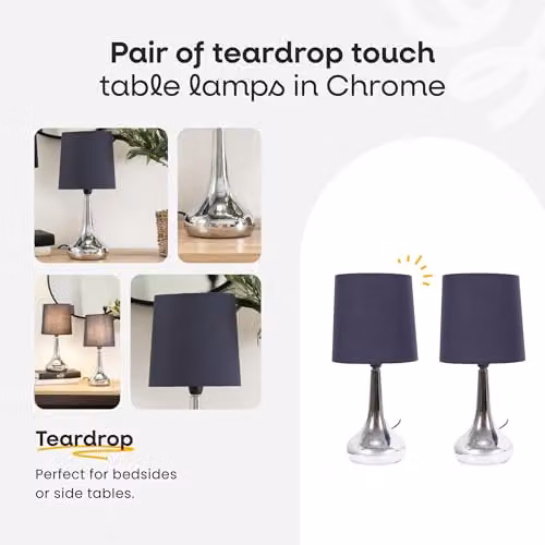 ValueLights Silver Chrome Teardrop Touch Dimmer Table Lamp with Navy Blue Fabric Shade and LED Bulb – 2