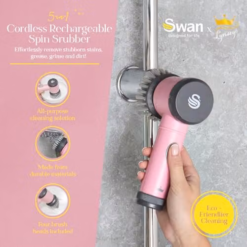 Swan x Lynsey TV Queen of Clean 5-in-1 Cordless Spin Scrubber with 5 Cleaning Heads and Wall Holder, Rechargeable Waterproof Scrubbing Brush for Showers, Hobs and Tiles, Pink, SWFC1003QOCN – 2