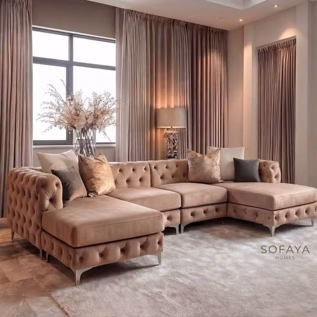 Sofaya Monaco 4 Seater Chesterfield U-Shaped Chaise Sofa in Brown Velvet