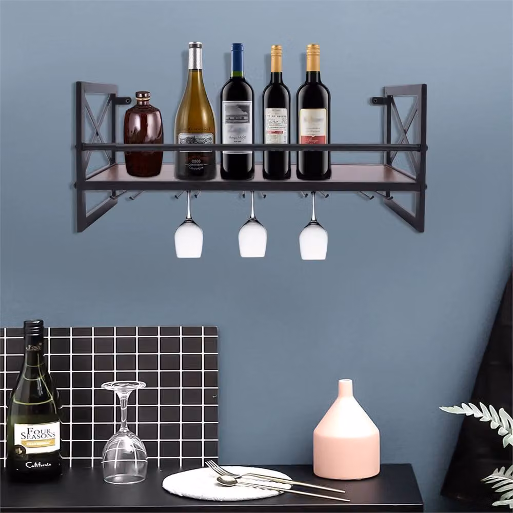 Nordara Industrial Metal and MDF Wall Mounted Wine Bottle and Glass Rack Shelf in Black and Brown – 4