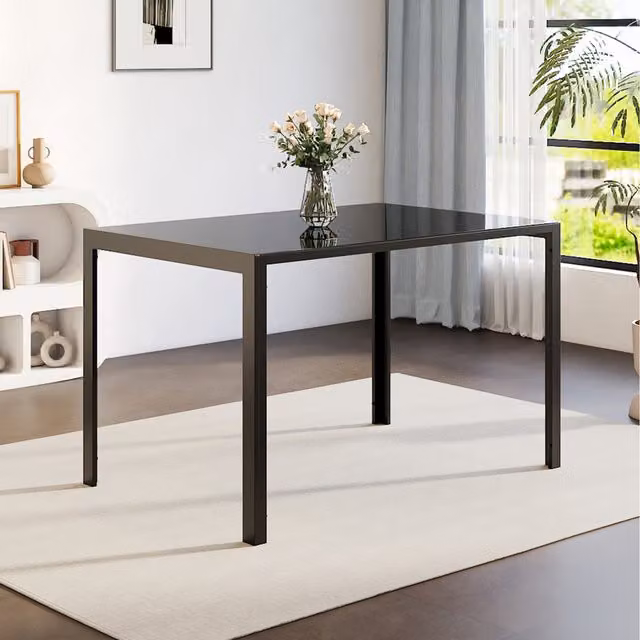 Komore Black Rectangular Dining Table with Glossy Tempered Glass Top, Width: 120 cm