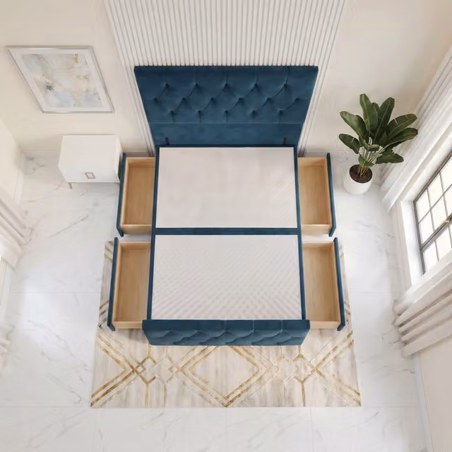 Somnior Beds Ltd Chesterfield Velvet Divan Bed Base with Drawers and Floor Standing Headboard, Blue, W/D/H: 120 x 200 x 34.5 cm