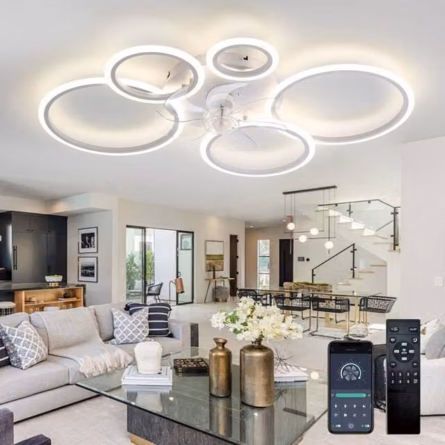 NIVOR 5 Ring LED Ceiling Fan with Dimmable Light and Remote Control, White – 1