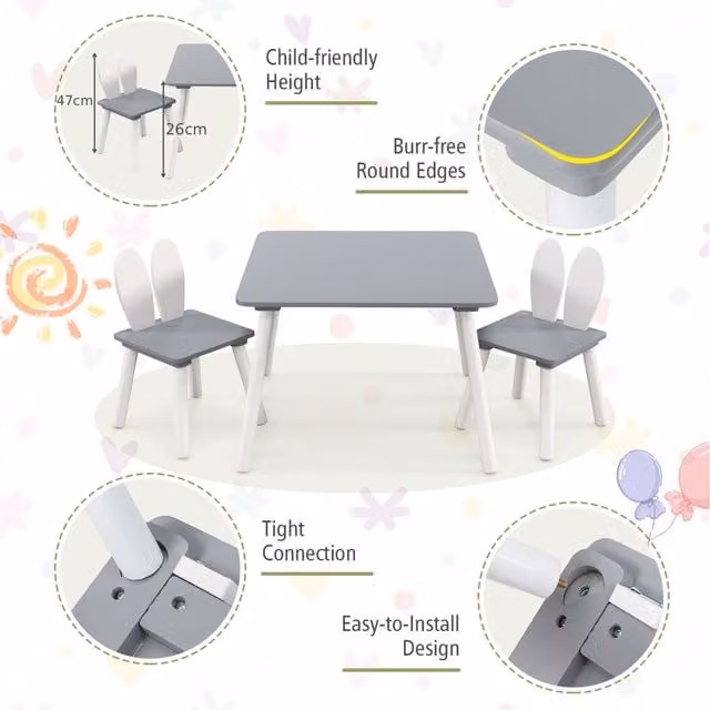 COSTWAY Square Play Table and Chairs Set for Children in Grey Wood