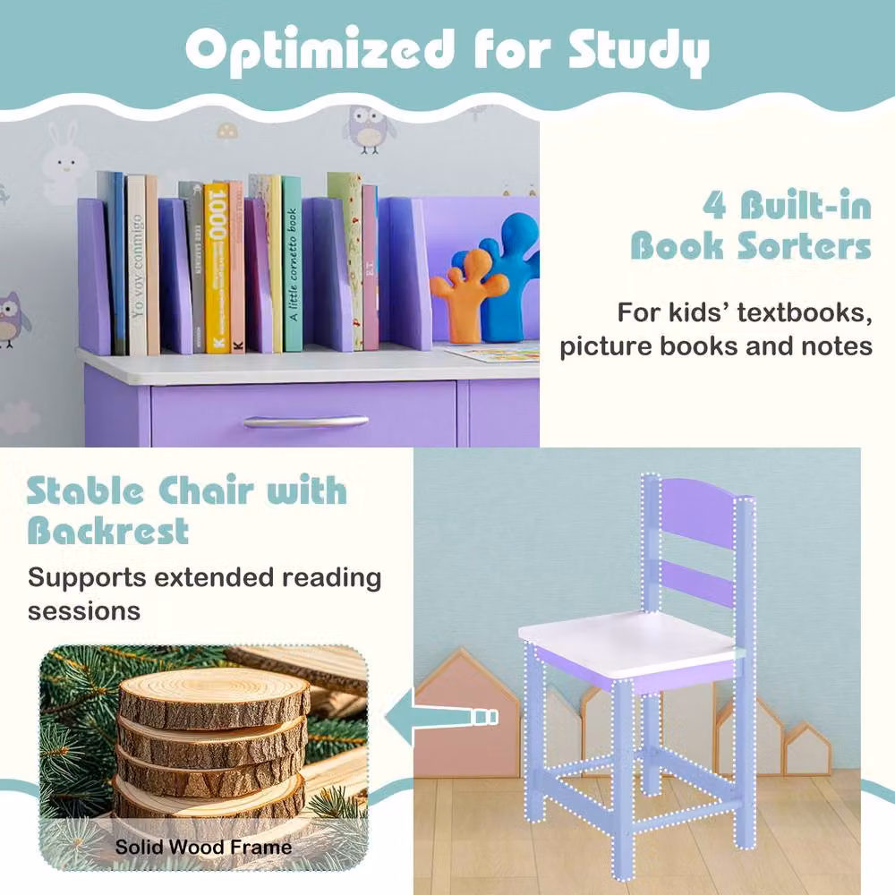 Costway Kids Study Desk and Chair Set, Purple Wooden Activity Table with Wide Rectangular Desktop – 4