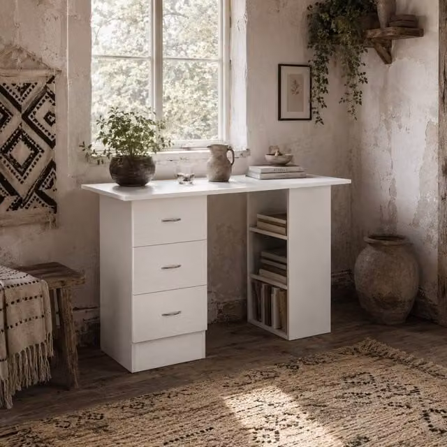 Wyld Haus Kamore White Writing Desk with 3 Drawers and 3 Shelves W: 120 cm, D: 49 cm, H: 72 cm