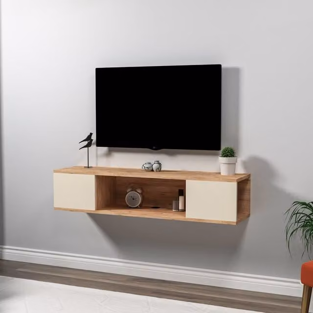 Destina Home Alfie Floating TV Stand with Shelves in Atlantic Pine and Beige