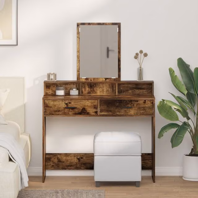 Berkfield Home Modern Smoked Oak Dressing Table with Drawers, Brown, W/D/H: 100 x 41 x 140 cm
