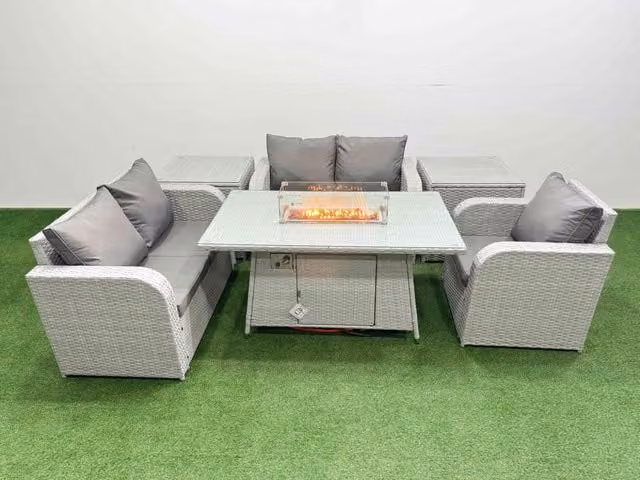 Fimous Grey Poly Rattan Garden Furniture Set with Reclining Chair, Loveseat Sofa, Firepit Dining Table and 2 Side Tables