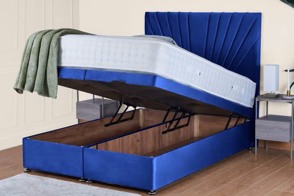 UK Bed Furniture Sunrise End Lift Divan Ottoman Bed with 54 Inch Headboard in Blue Velvet, W/D/H: 120 x 200 cm – 2