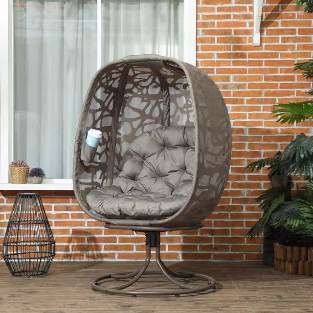 Outsunny Foldable Egg Chair with Cushions Outdoor Swivel Lounger in Sand Brown